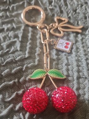 Gold Cherry Keychain with Red Crystal Cherries and Green Enamel Leaves